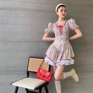 Floral Puff-Sleeve Mini Dress with Red Trim